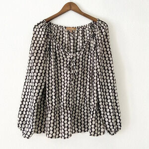 Ellen Tracy Polka Dot Peplum Blouse Black White Large Chic Classic Sophisticated